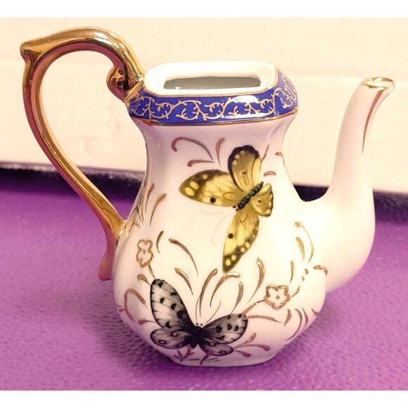 Miniature Porcelain Teapot With Gold Handle & Butterfly Design No Lid - Picture 1 of 6